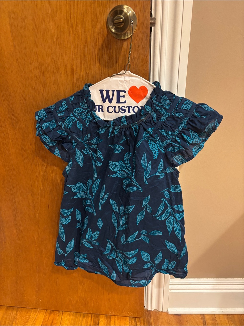 Womens JCrew Navy Blue Floral Ruffle-Sleeve Top size XS